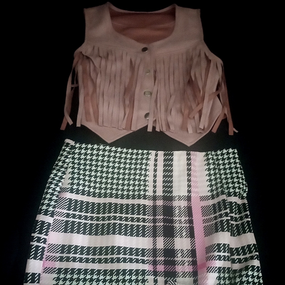 Fringe Vest W/ Pink & black Plaid Mini Skirt size Med.
